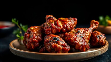 Deliciously glazed chicken drumsticks showcasing appetizing texture on a rustic wooden plate
