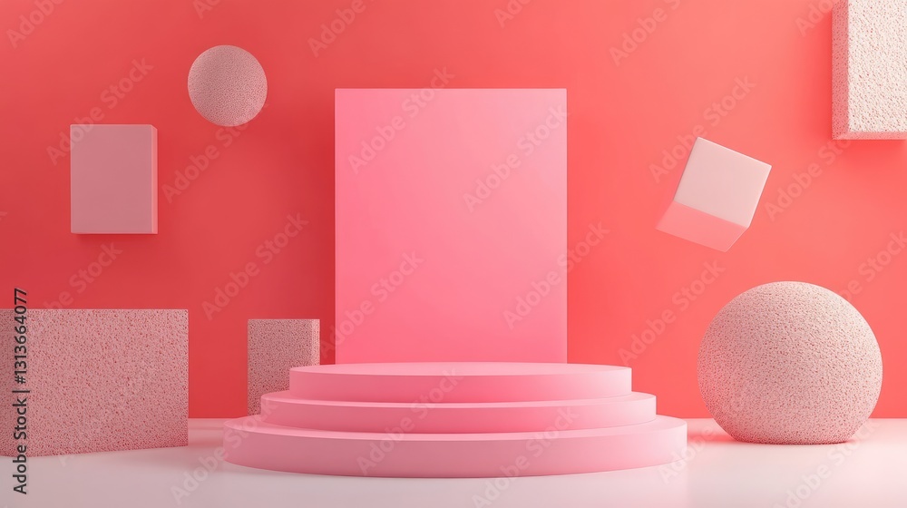 Poster a vibrant minimal design featuring a bold pink backdrop, floating geometric shapes, and a textured p