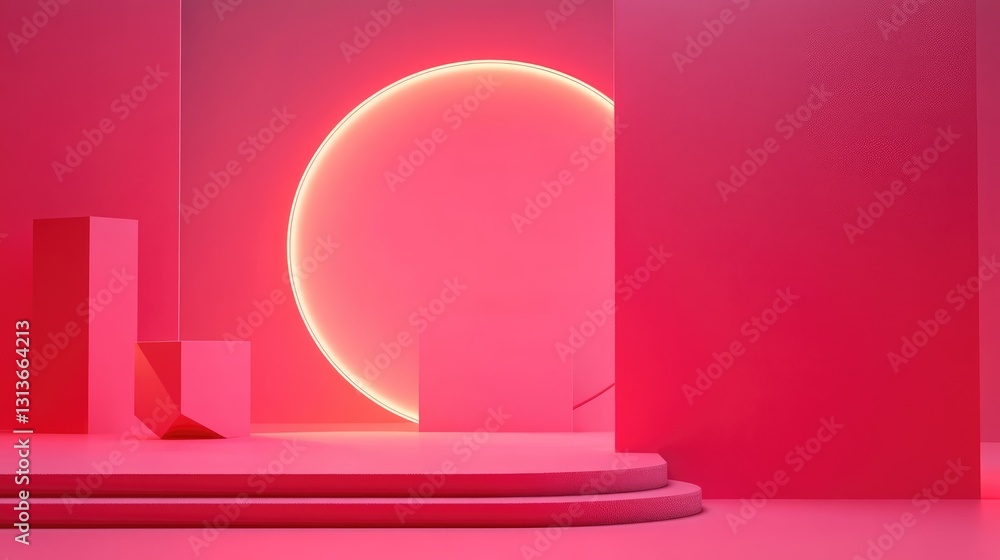 Poster a vibrant, minimal design with a striking pink backdrop, floating geometric shapes, and a subtle ill