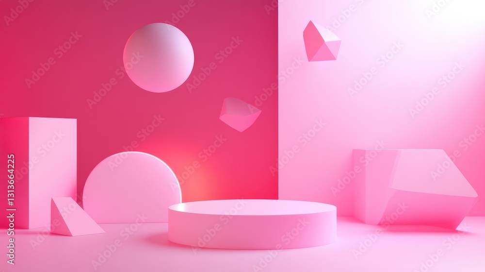 Poster a vibrant, minimal design with a striking pink backdrop, floating geometric shapes, and a subtle ill