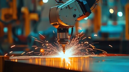 A robotic welding system working in a brown industrial-themed environment.