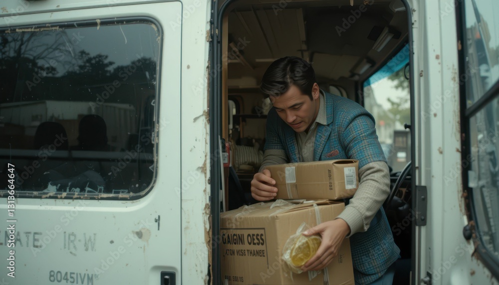Poster man loading boxes into delivery truck with focused expression