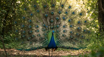 Obraz premium Majestic Peacock with Fully Spread Iridescent Blue and Green Feathers