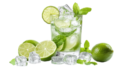 A mojito cocktail with fresh green limes, mint, and cold ice cubes, isolated on a transparent background