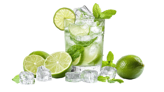 A mojito cocktail with fresh green limes, mint, and cold ice cubes, isolated on a transparent background - Powered by Adobe