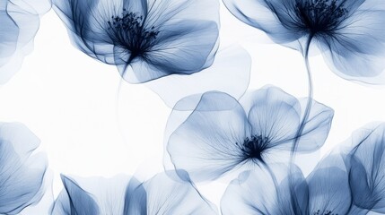 Seamless pattern with elegant translucent blue flowers with delicate petals on a white background. Floral art concept with soft, flowing botanical elements