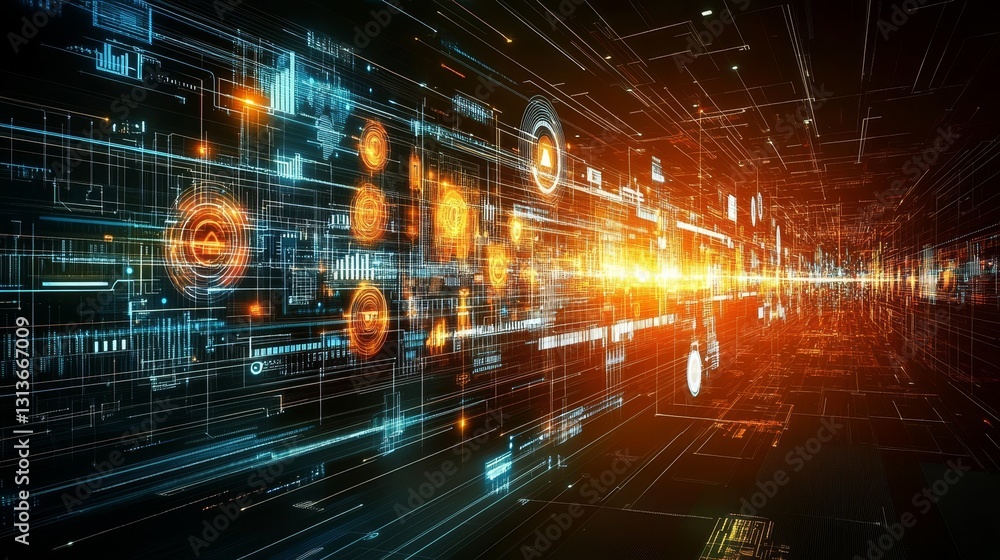 Poster abstract futuristic technology landscape with glowing network connections and digital data stream fo