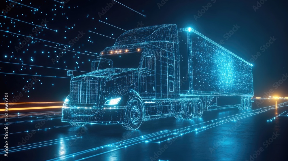 Poster abstract tech concept of digital truck networks, glowing blue lines and data flow forming a connecte