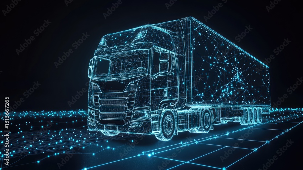 Poster Abstract tech concept of digital truck networks, glowing blue lines and data flow forming a connected transportation system. Modern technology meets the future of logistics.