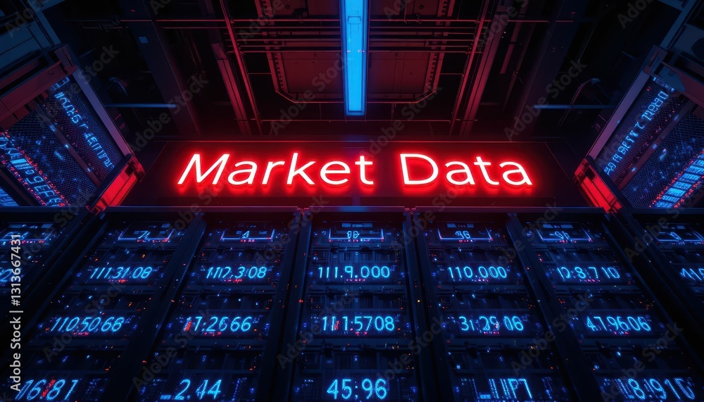 Poster neon market data display in high-tech server environment