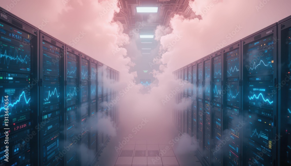 Poster futuristic data center with cloud effects and digital displays