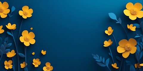 Yellow Paper Flowers on Navy Blue Background for Springtime Card Design