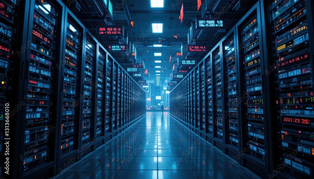 Poster futuristic data center with rows of servers and neon illumination