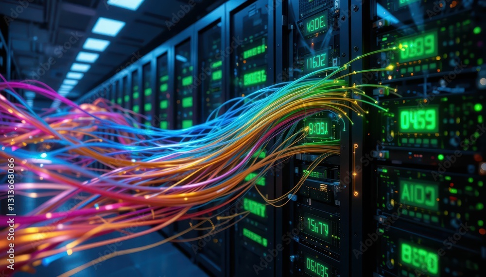 Poster vibrant data cables flowing through server room technology setup