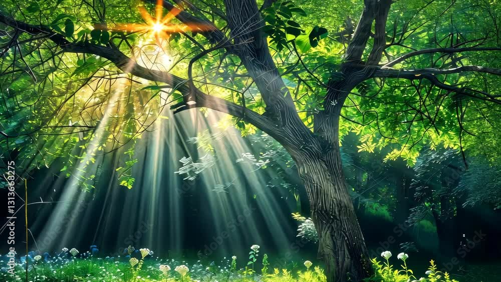 Poster sunlight shines through branches of a majestic tree, creating a magical atmosphere in a blooming for