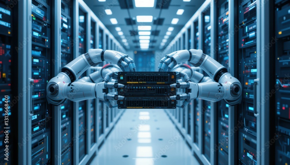 Poster robotic arms handling server in data center with high-tech environment