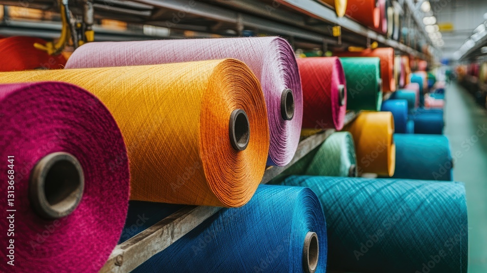 Poster an industrial factory with vibrant rolls of fabric in a wide spectrum of colors, capturing the essen