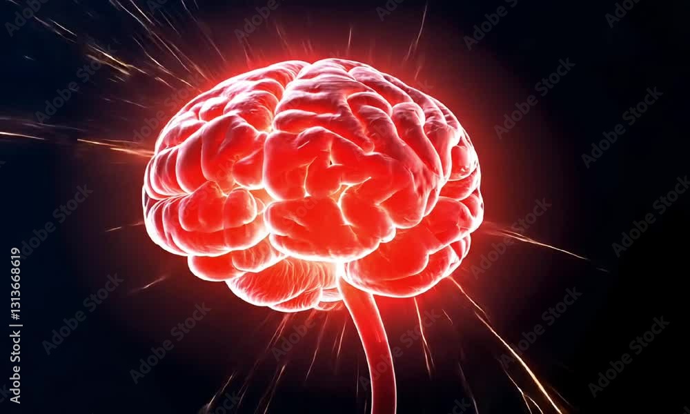 Poster a vibrant and detailed visualization of a human brain emitting red light against a dark background. 