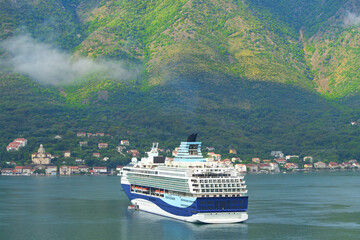 Cruise ship passing misty mountain coastline
