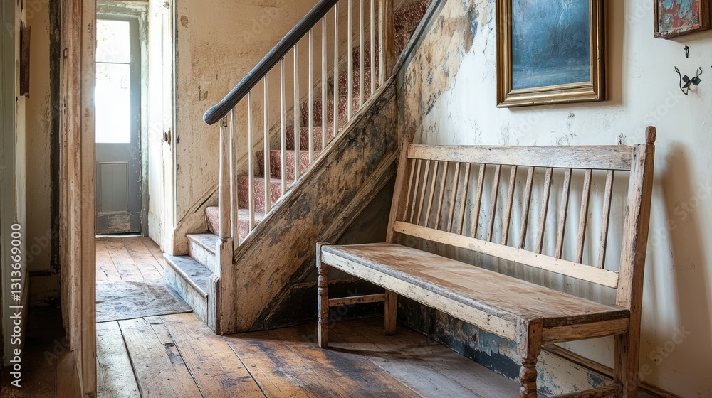 Poster an old wooden bench placed in a rustic farmhouse hallway, with a charming staircase adding warmth an