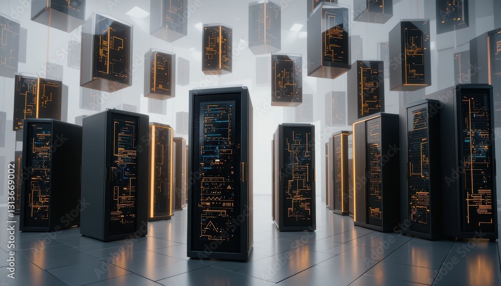Poster futuristic data center with floating servers and neon patterns