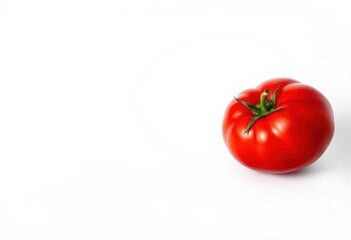 A vibrant red tomato, perfectly ripe, sits alone against a stark white backdrop, culinary, skin