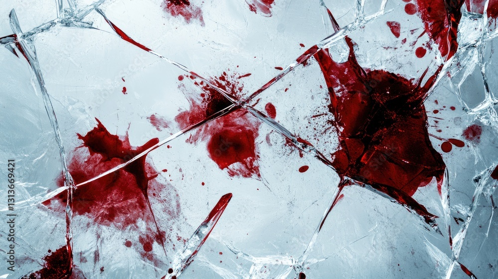 Poster blood splatters staining broken glass, creating an intense and disturbing visual, conveying an atmos