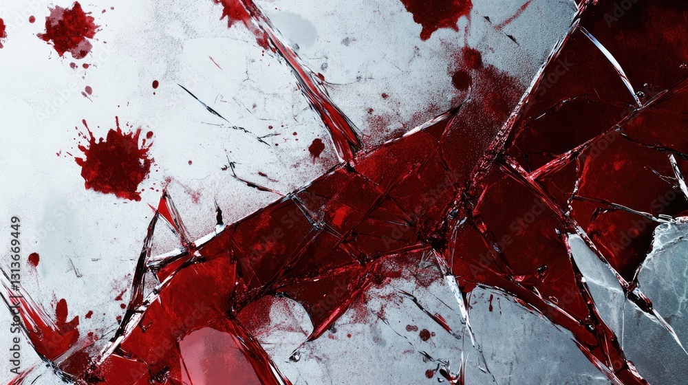 Poster blood splatters staining broken glass, creating an intense and disturbing visual, conveying an atmos