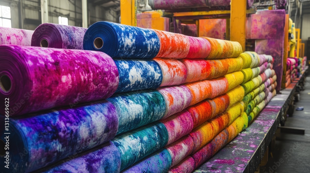 Poster brightly dyed fabrics being processed in an industrial setting, with colorful rolls of textile stack