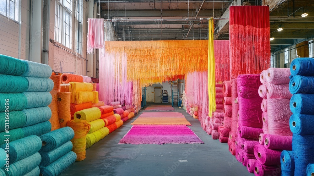 Poster brightly dyed fabrics being processed in an industrial setting, with colorful rolls of textile stack