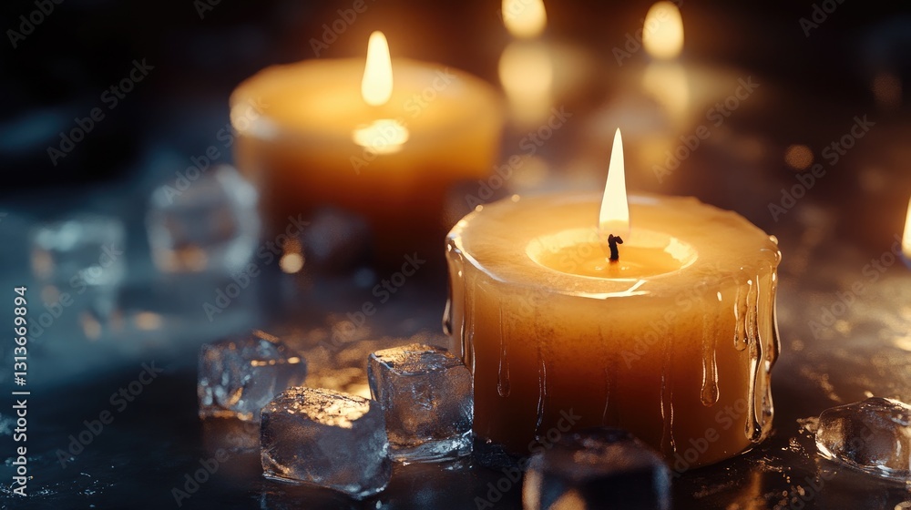 Poster candles melting with dripping wax, surrounded by ice cubes in a dark, atmospheric setting that evoke