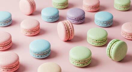 Fototapeta premium Colorful Macarons Arranged on Pink Background Sweet Dessert Treats Display