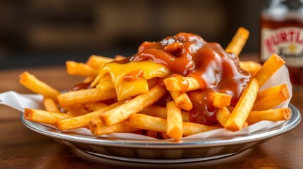 Golden French Fries Topped with Cheese and Gravy on Metal Plate Ready to Eat