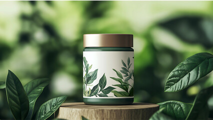 Cosmetic bottle container with green herbal leaves, Blank label for branding mock-up for product herbal and product etc
