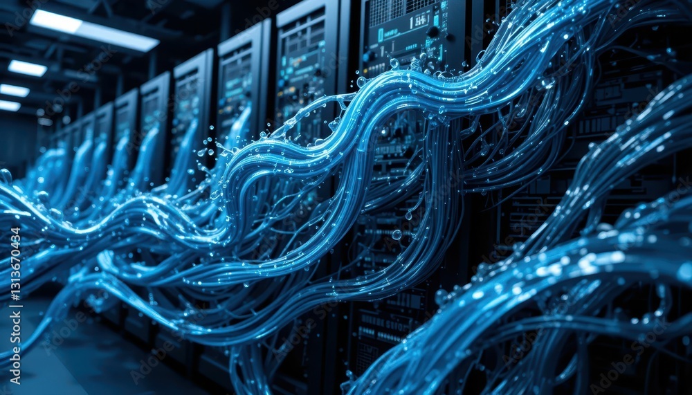 Poster futuristic data flow in server room with liquid motion effects