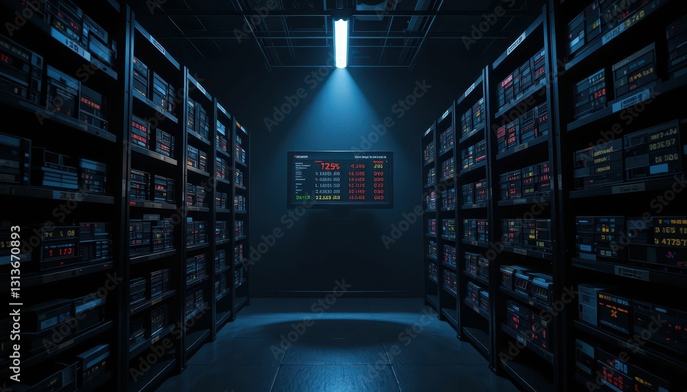 Poster dimly lit data center with server racks and monitoring display