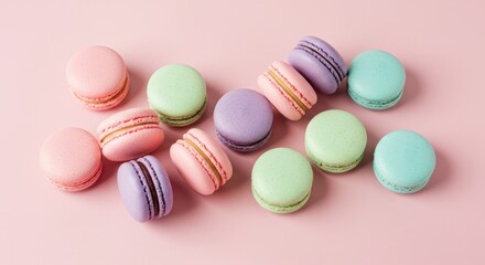 Obraz premium Colorful Macarons Arrangement on Pink Background Delicious Pastry Selection