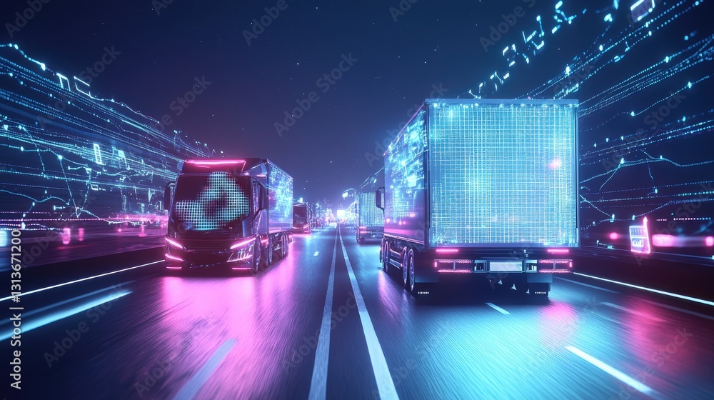 Poster connected futuristic delivery trucks with bright glowing lines and digital squares, highlighting the