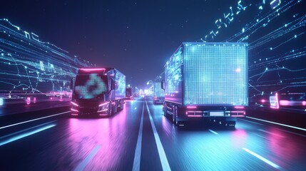Fototapeta premium Connected futuristic delivery trucks with bright glowing lines and digital squares, highlighting the advancement of technology in modern delivery networks.