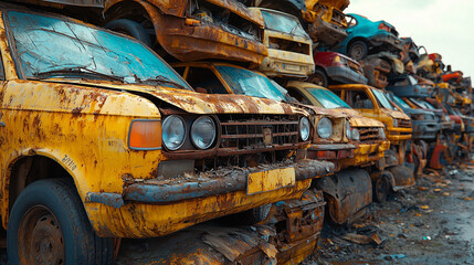 Fototapeta premium Rusting Cars Stacked in Junkyard Environmental Concerns and Industrial Waste Recycling Concept Image