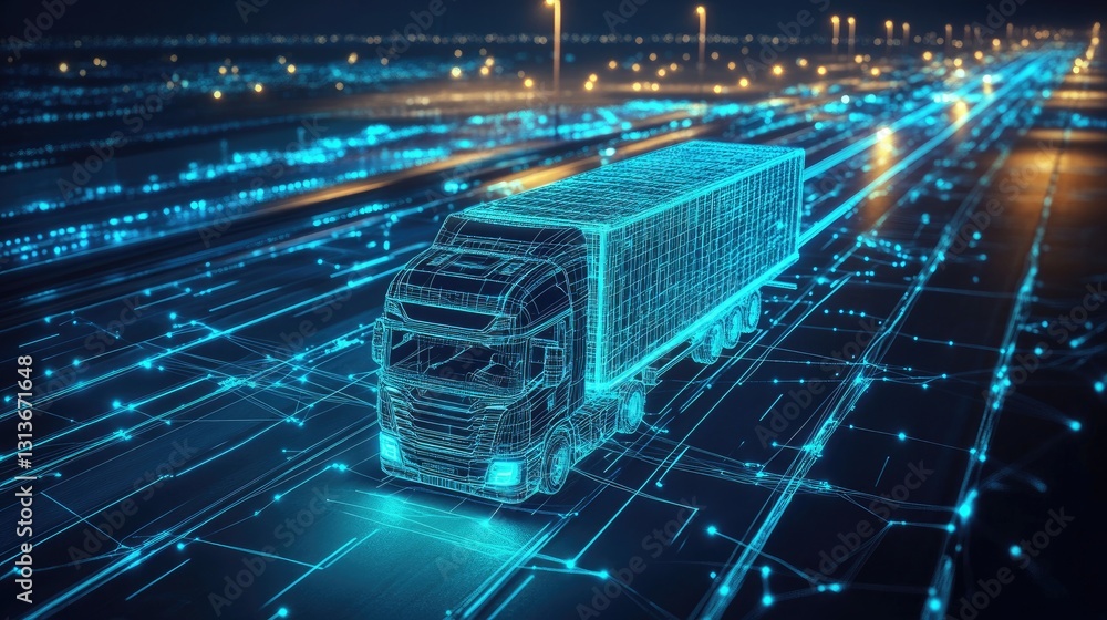 Poster Digital mesh of glowing blue lines and abstract truck network design, representing futuristic transportation technology, with interconnected data and digital elements.