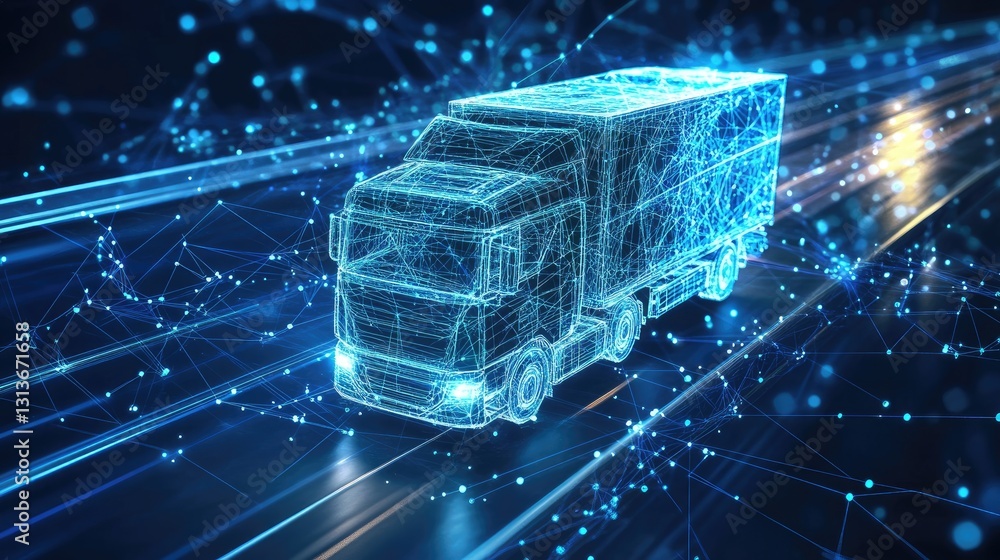 Poster Digital mesh of glowing blue lines and abstract truck network design, representing futuristic transportation technology, with interconnected data and digital elements.