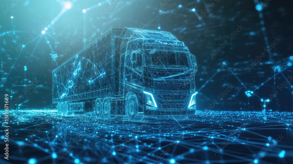 Poster Digital mesh of glowing blue lines and abstract truck network design, representing futuristic transportation technology, with interconnected data and digital elements.