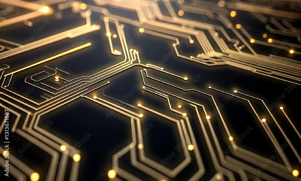Poster detailed view of a circuit board with intricate lines and glowing connections, showcasing the beauty