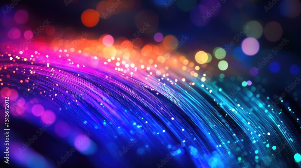 Poster fiber optic cables with light signals running through a dark environment, emitting colorful pulses o