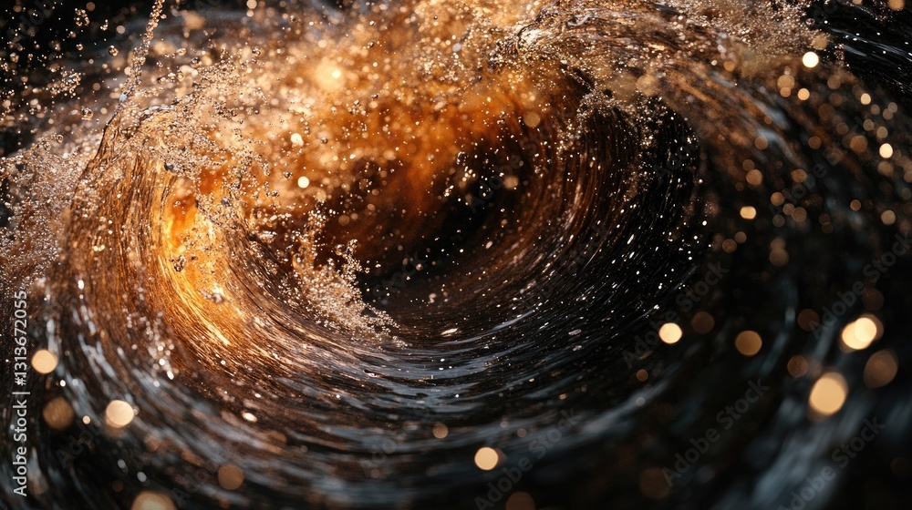 Poster Fizzy cola swirling with bubbles and sparkling highlights in a vortex motion, set against a dark background to highlight the motion and effervescence.