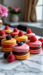  close-up shot of colorful macarons with fresh raspberries and dark berries, arranged on a marble surface, suggesting a bright, modern, and elegant dessert setting.