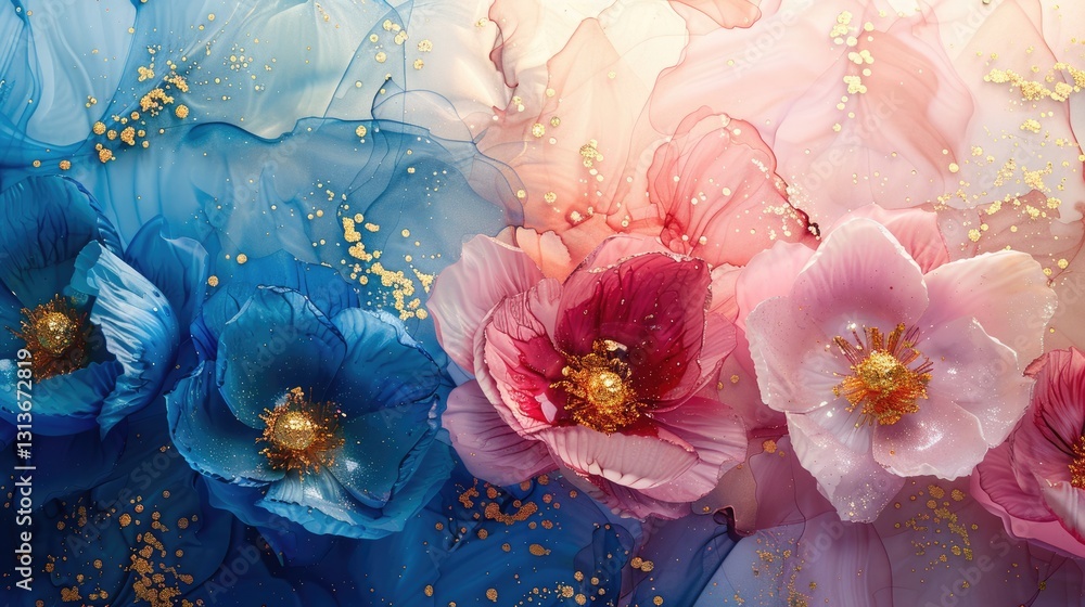 Poster the close up picture of the blue and pink colour of the flower with gold colour trimmed, abstract ar