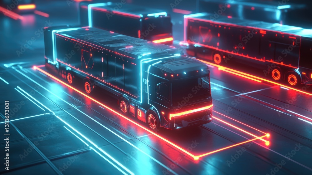Poster futuristic delivery trucks with neon glowing lines and squares interconnecting them, representing cu