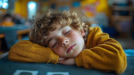 Sleeping pupil sitting at his desk